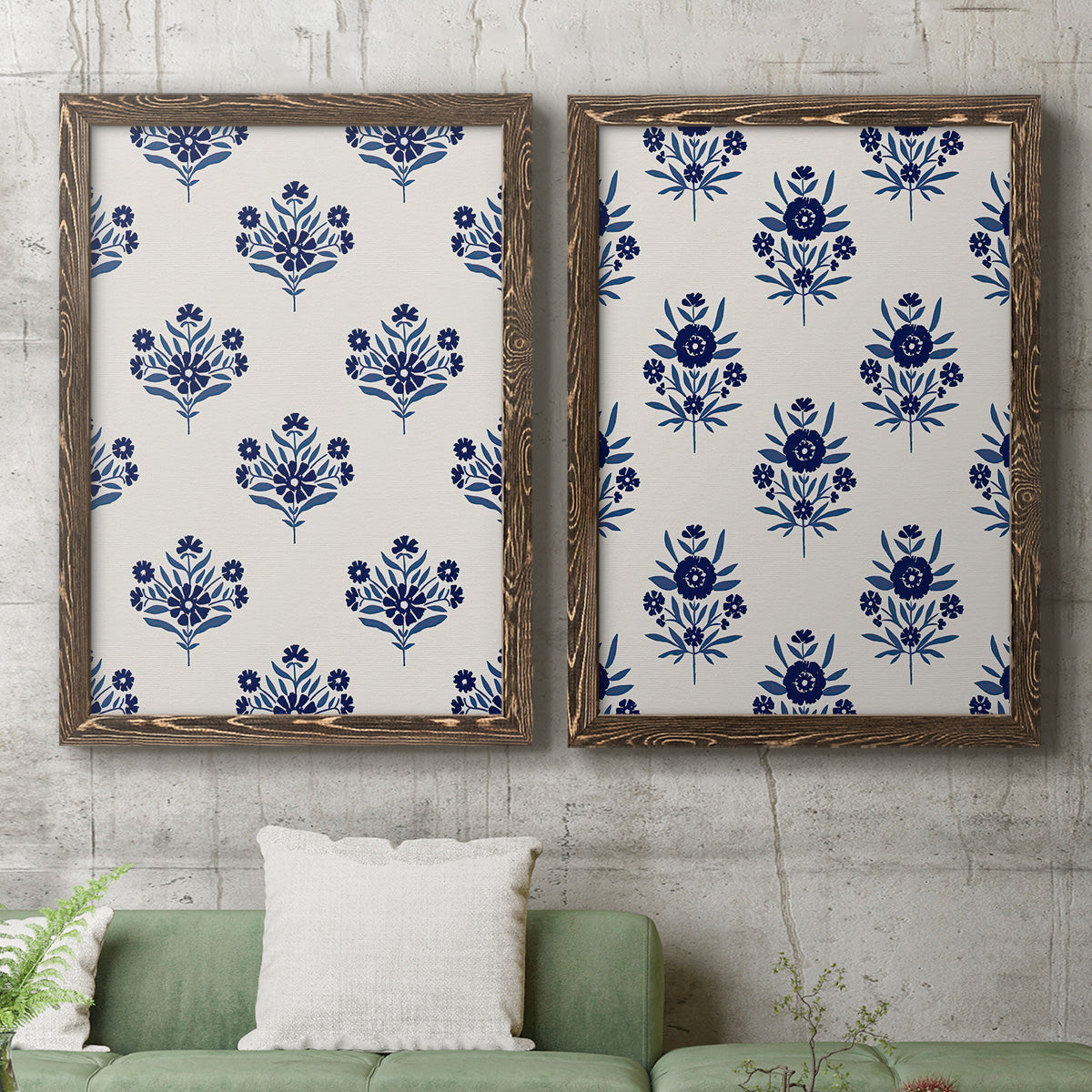 Indigo Bloom Pattern I - Premium Framed Canvas 2 Piece Set - Ready to Hang