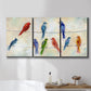 Three-panel canvas wall art featuring whimsical animal chatter illustration, displayed in a bathroom above a bathtub.