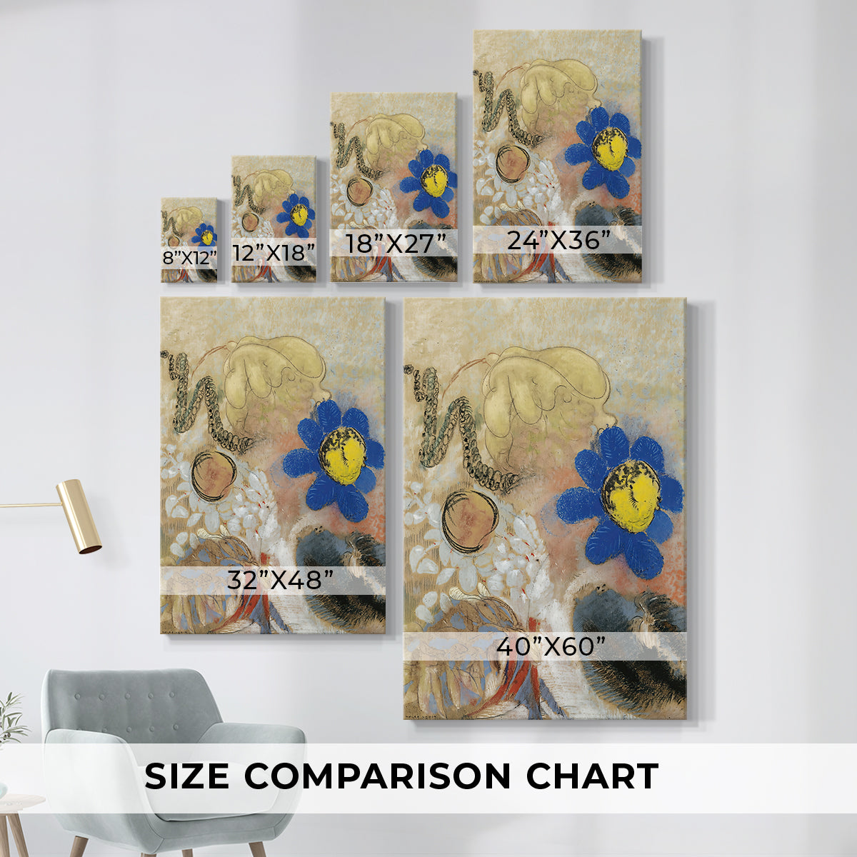 Size comparison chart for canvas art prints, showing multiple size options.