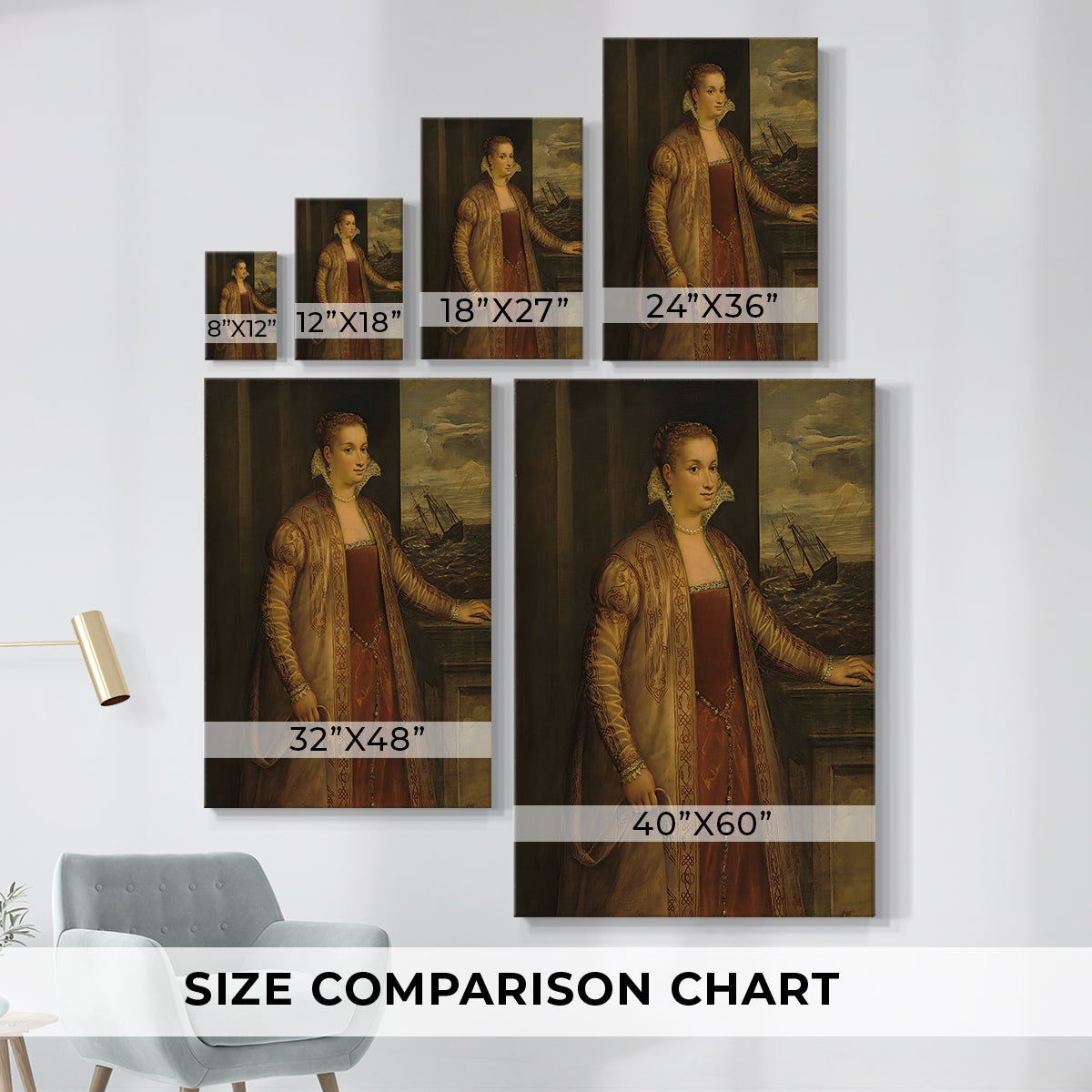 Size comparison chart for canvas art prints, showing multiple size options.