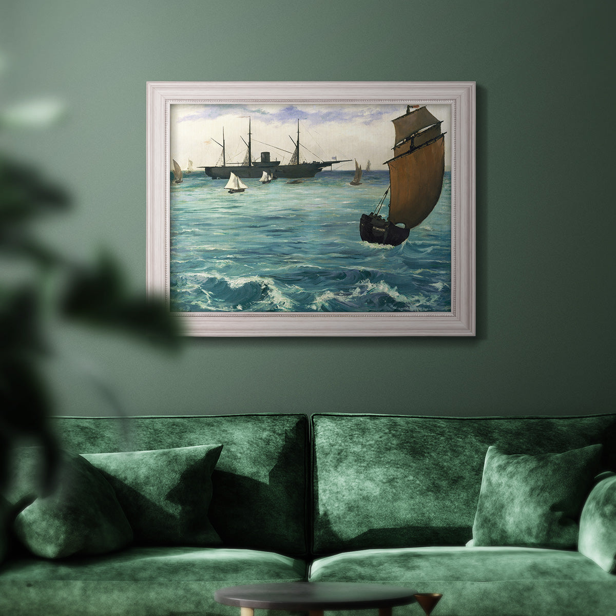 Impressionist naval seascape with the Kearsarge by Édouard Manet in an ornate weathered white frame displayed in a dark-toned interior setting.
