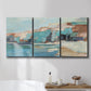 Three-panel canvas wall art featuring coastal shoreline with soft waves, displayed in a bathroom above a bathtub.