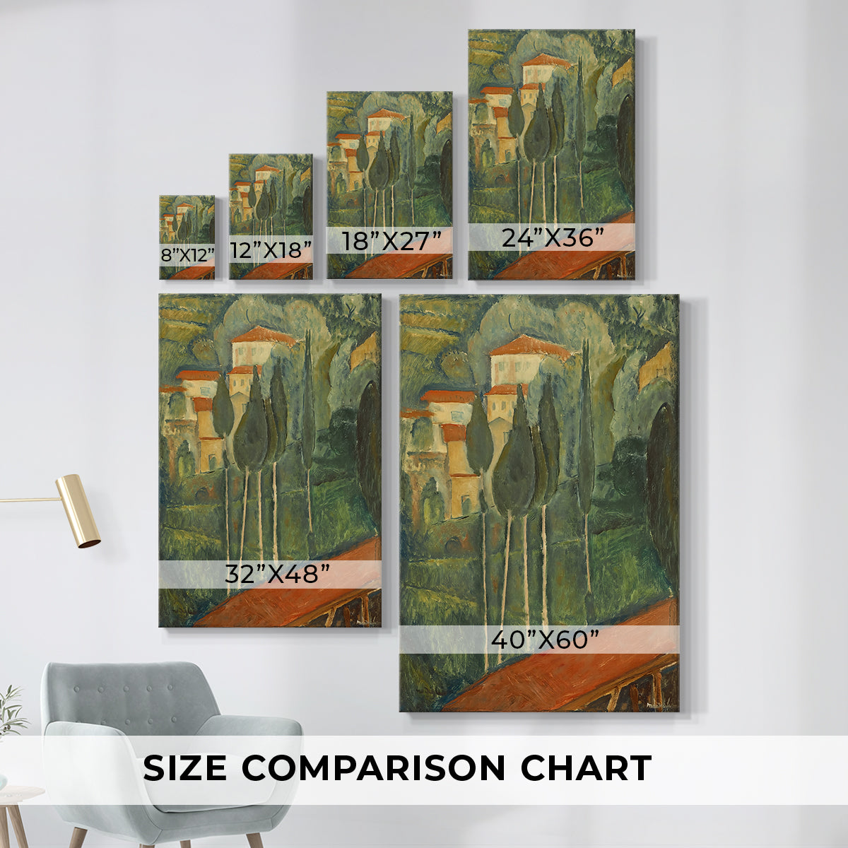 Size comparison chart for canvas art prints, showing multiple size options.