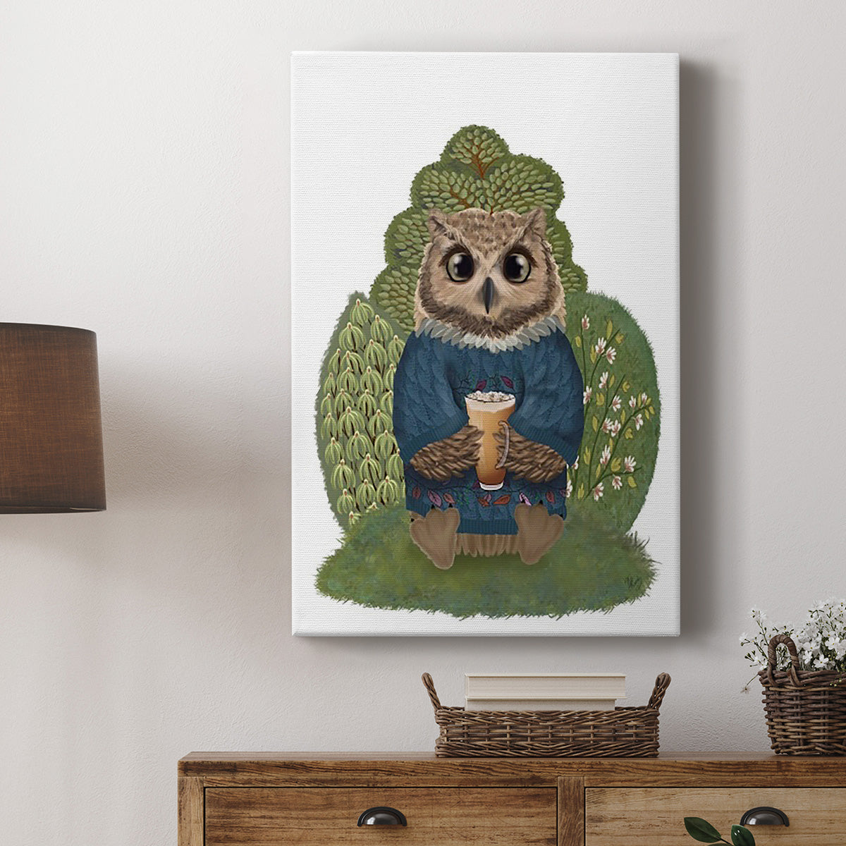 Latte Owl in Sweater - Canvas Art Print