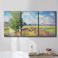 Three-panel canvas wall art featuring sunlit meadow landscape, displayed in a bathroom above a bathtub.
