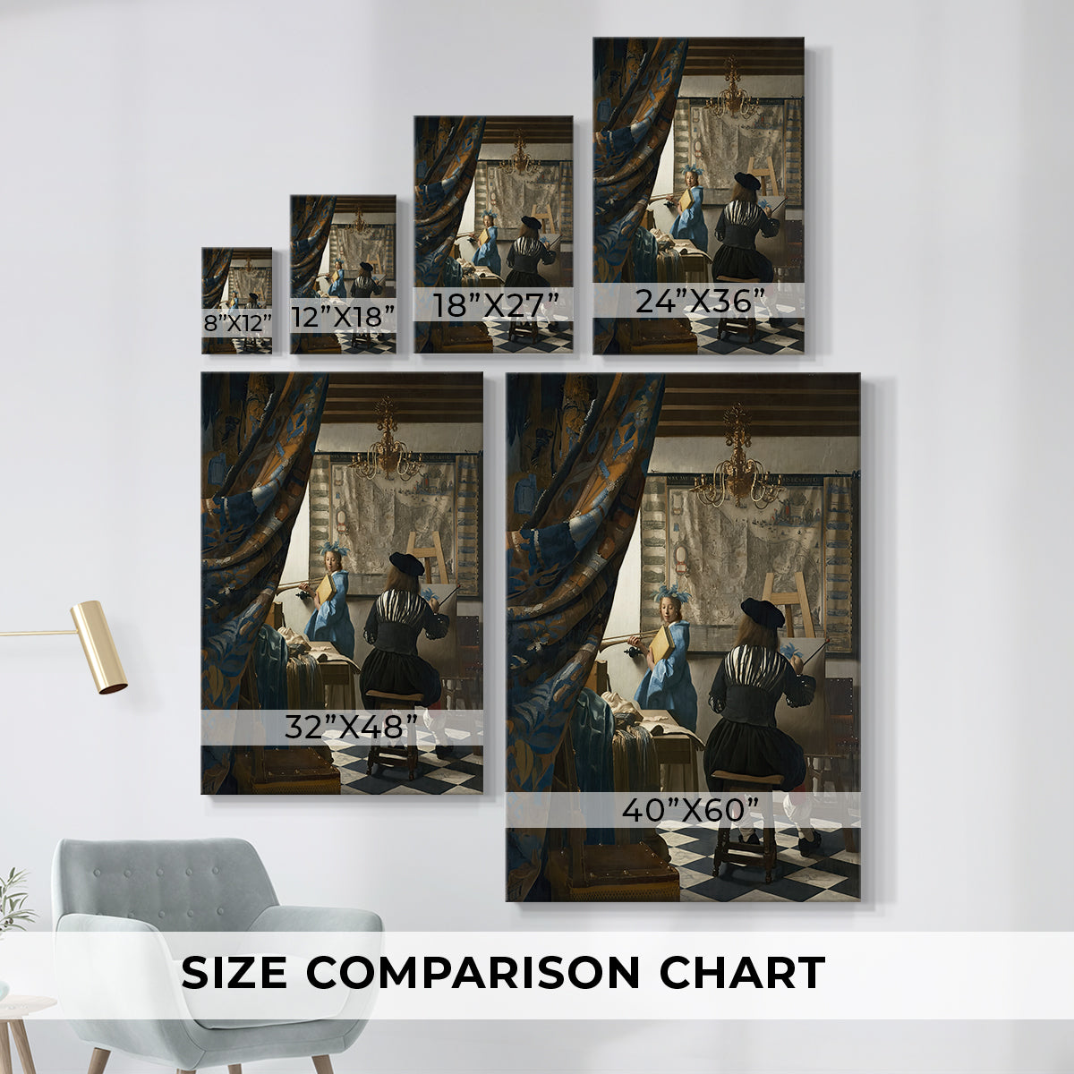 Size comparison chart for canvas art prints, showing multiple size options.