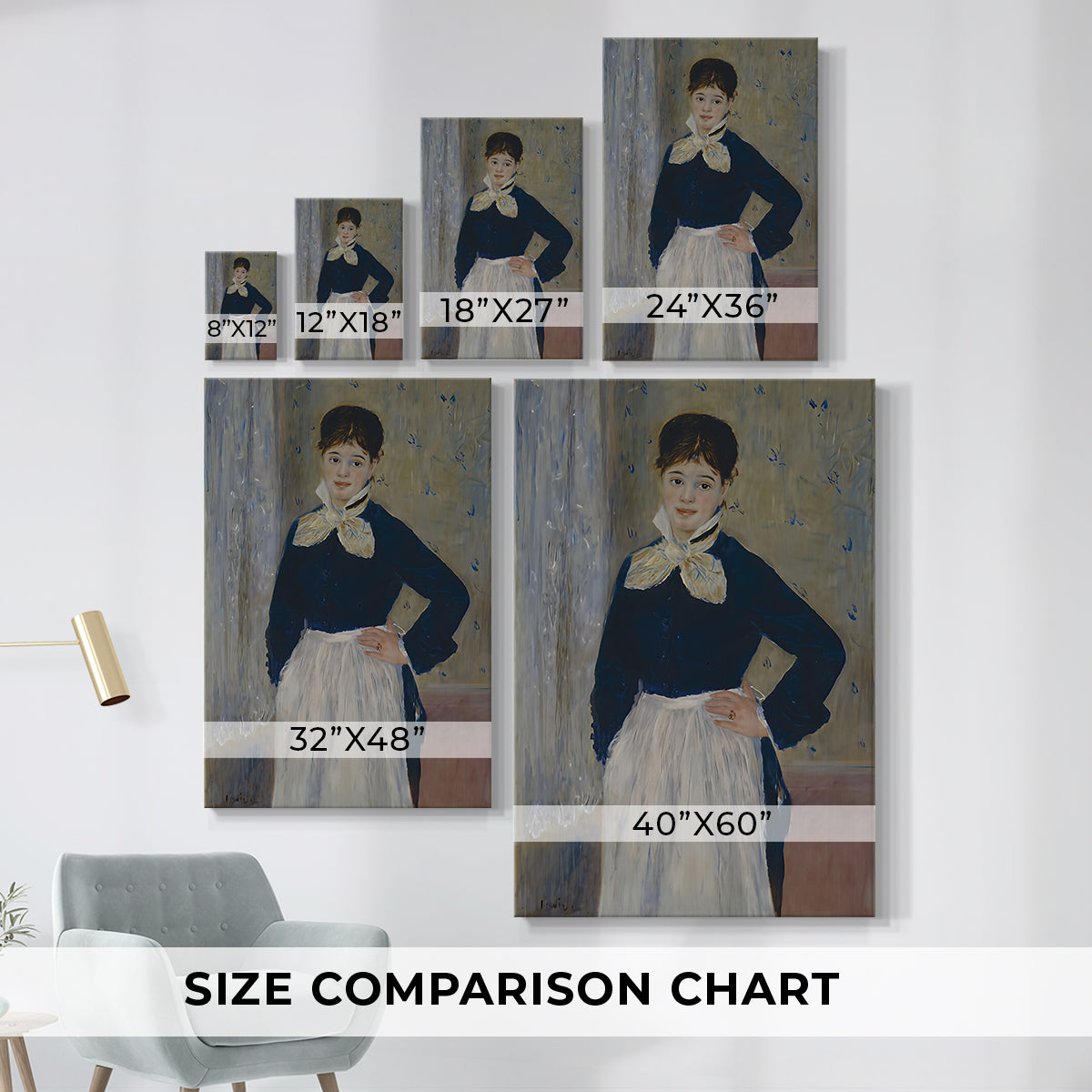Size comparison chart for canvas art prints, showing multiple size options.