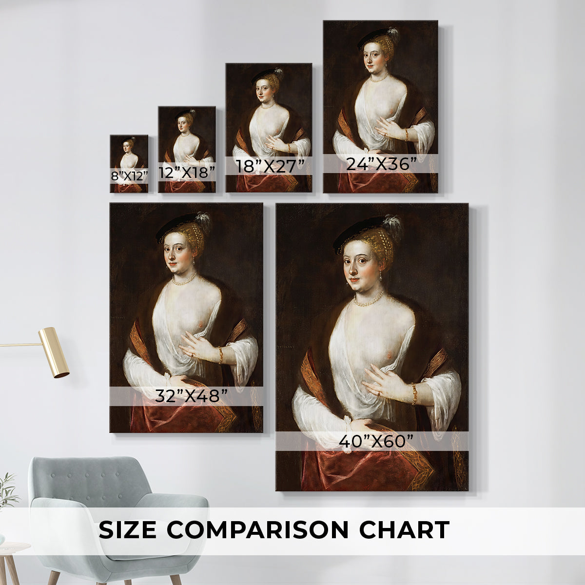 Size comparison chart for canvas art prints, showing multiple size options.