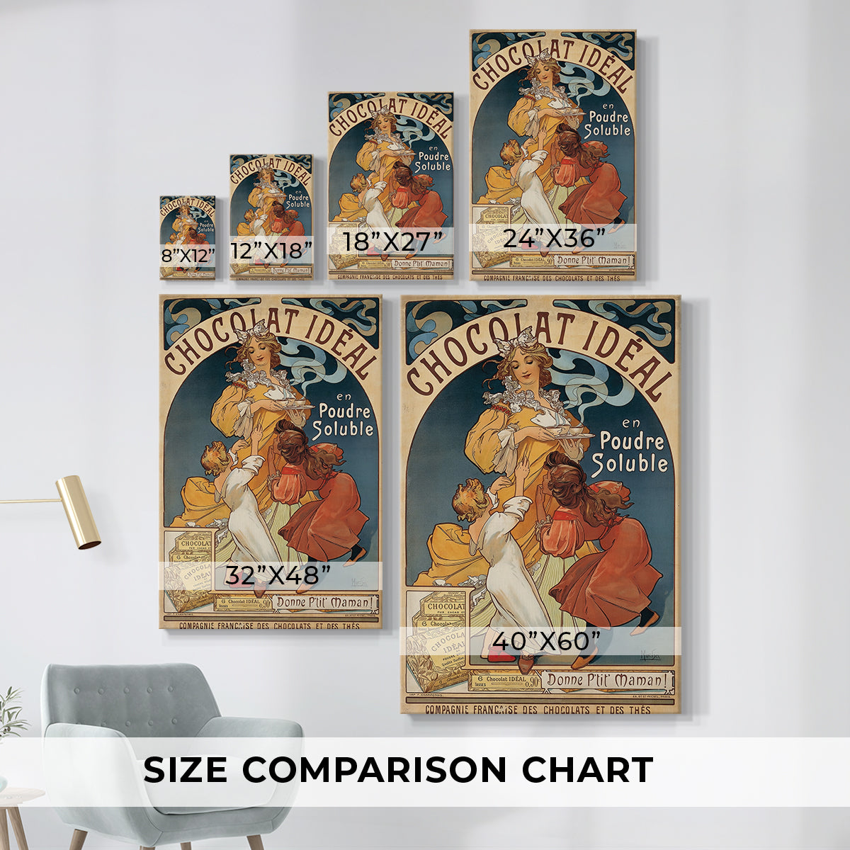 Size comparison chart for canvas art prints, showing multiple size options.