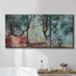 Three-panel canvas wall art featuring olive trees in sunlit garden, displayed in a bathroom above a bathtub.