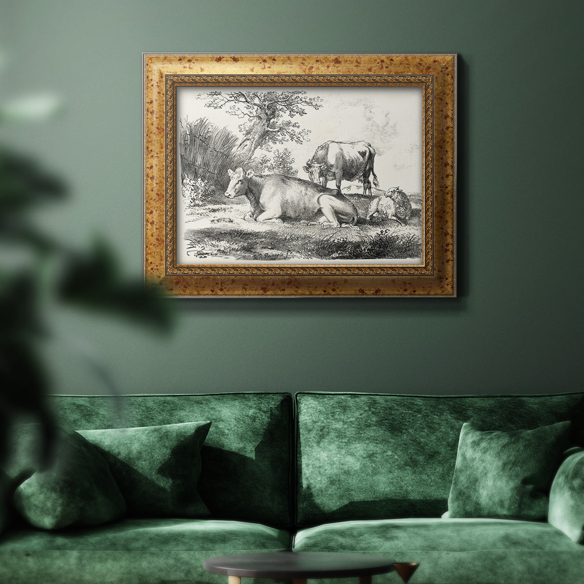 Classical pastoral landscape artwork by Nicolas Berchem in an ornate vintage gold frame displayed in a dark-toned interior setting.