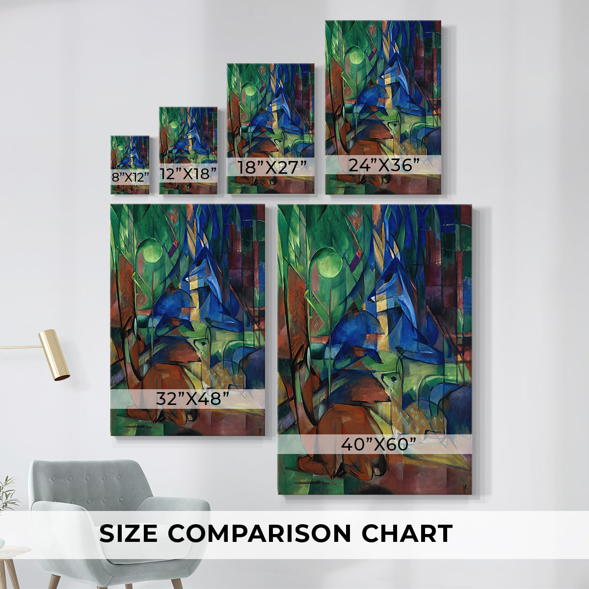 Size comparison chart for canvas art prints, showing multiple size options.