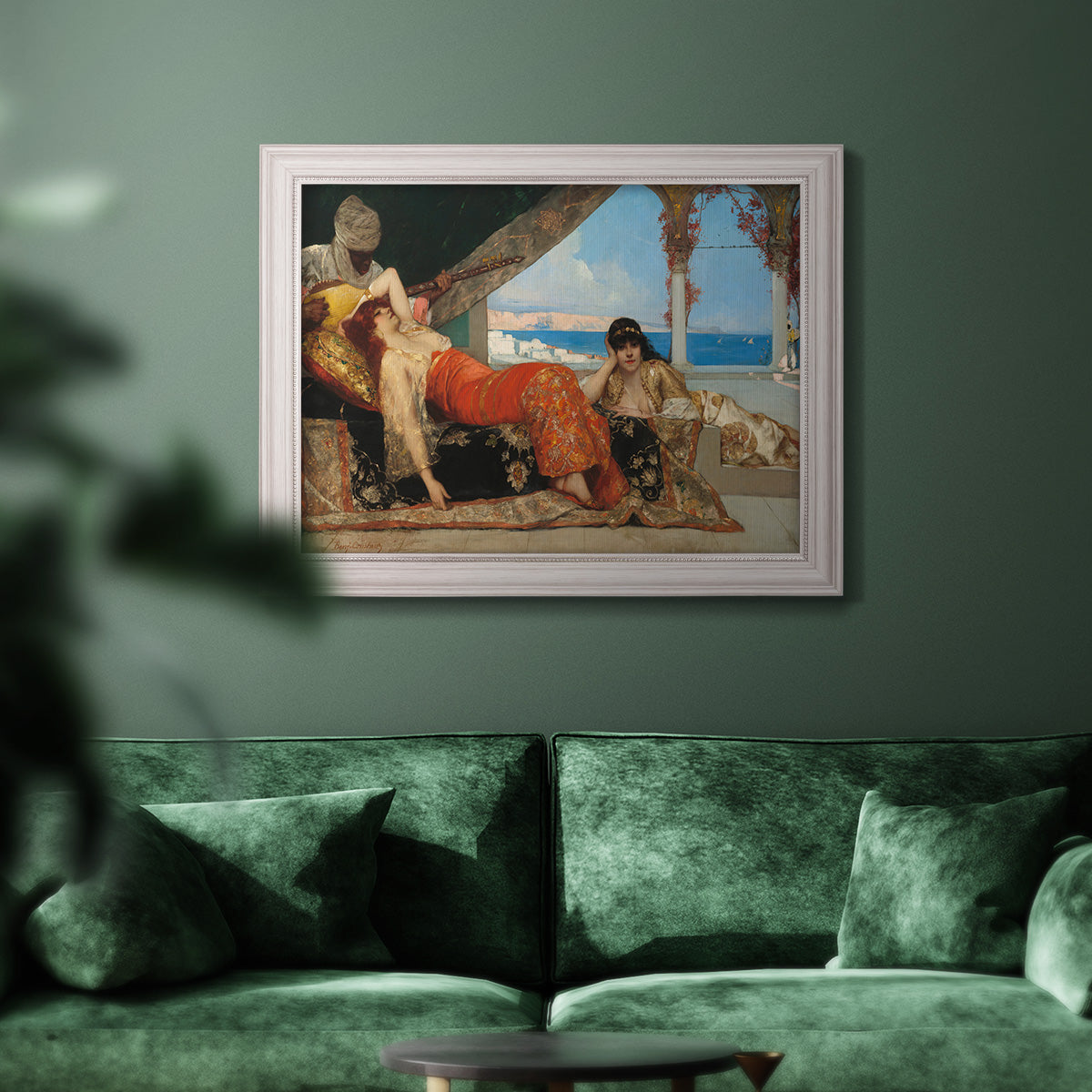 Orientalist portrait scene by Jean-Joseph Benjamin-Constant in an ornate weathered white frame displayed in a dark-toned interior setting.
