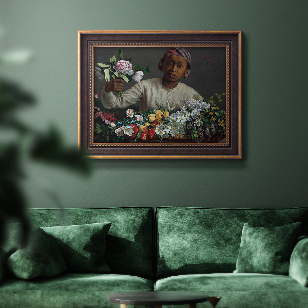Traditional portrait of a woman holding peonies by Frédéric Bazille in an ornate bronzed mahogany wood frame displayed in a dark-toned interior setting.