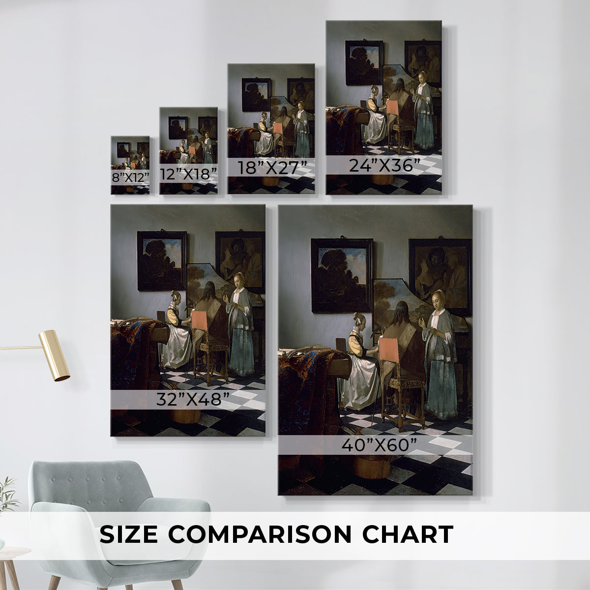 Size comparison chart for canvas art prints, showing multiple size options.