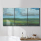 Three-panel canvas wall art featuring wide valley landscape with rolling hills, displayed in a bathroom above a bathtub.