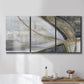 Three-panel canvas wall art featuring spiraling abstract vortex motion, displayed in a bathroom above a bathtub.