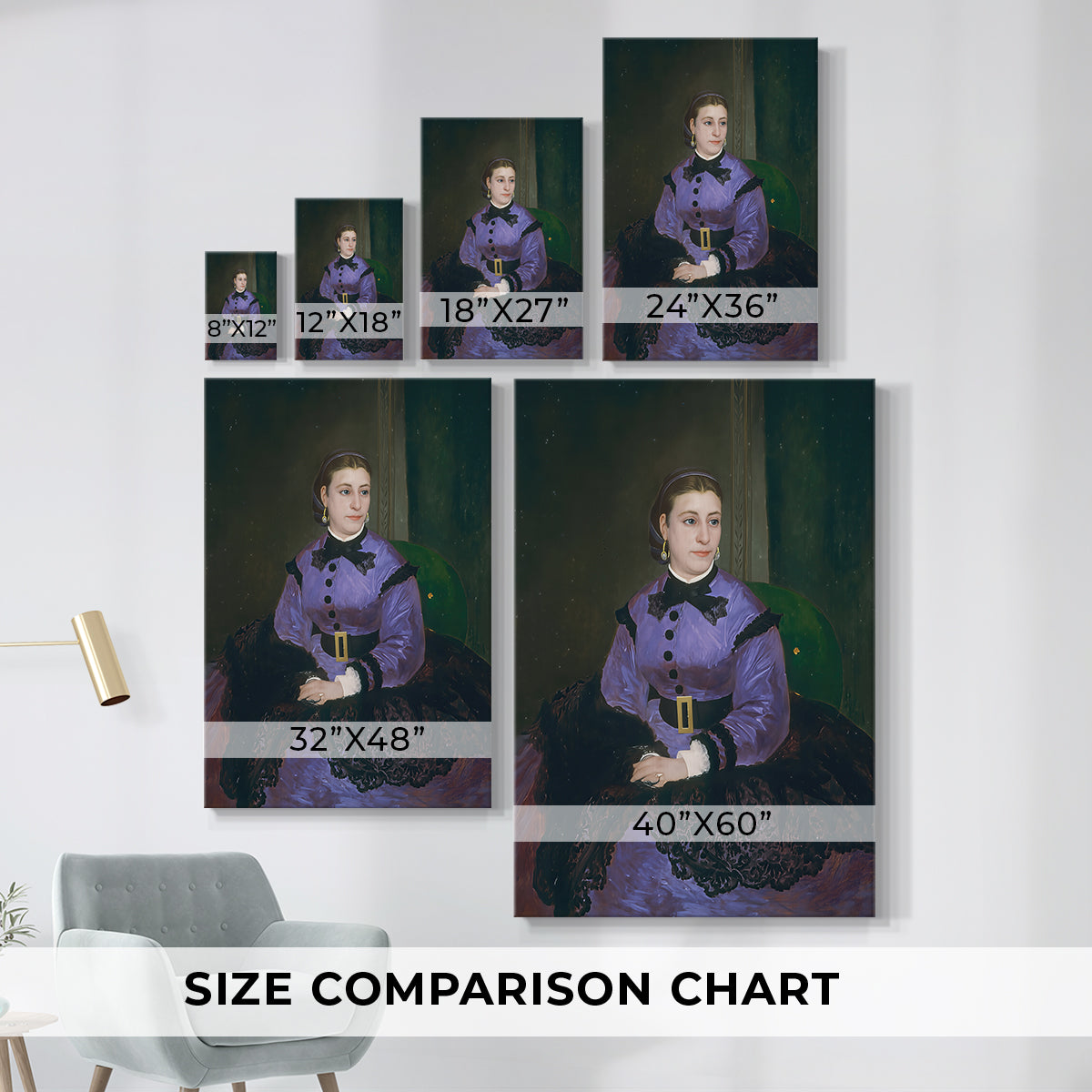 Size comparison chart for canvas art prints, showing multiple size options.