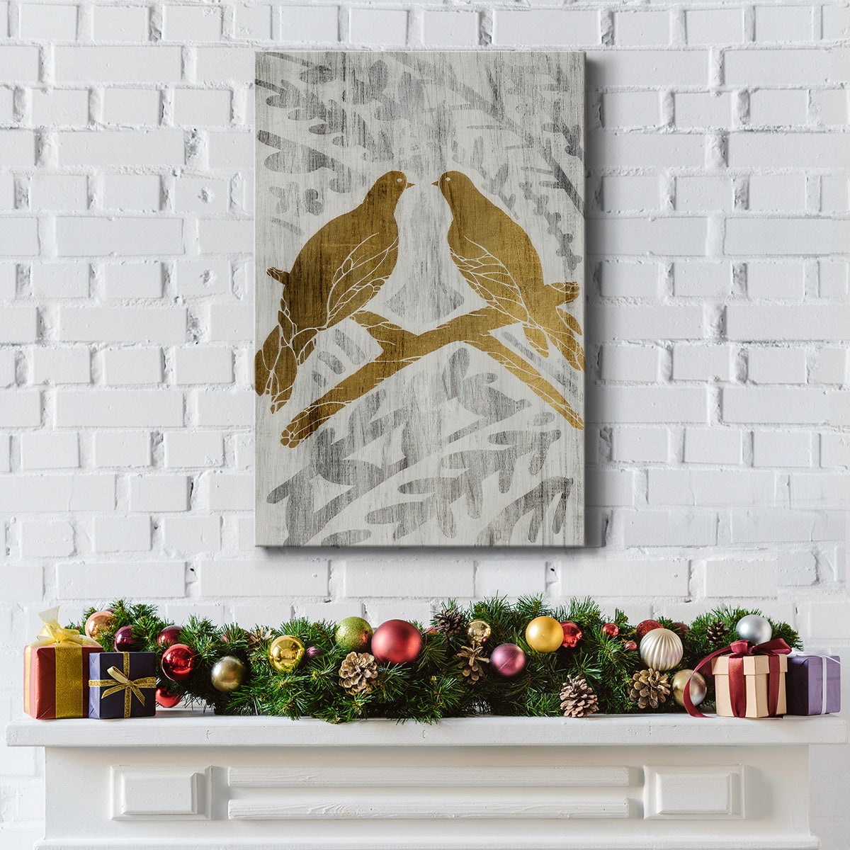 Two Turtle Doves  - Gold Leaf Holiday - Gallery Wrapped Canvas