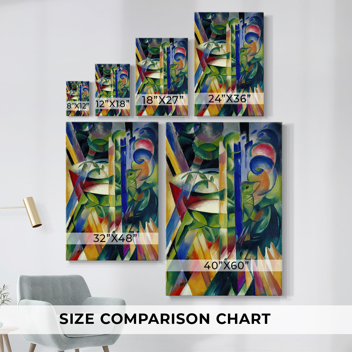 Size comparison chart for canvas art prints, showing multiple size options.
