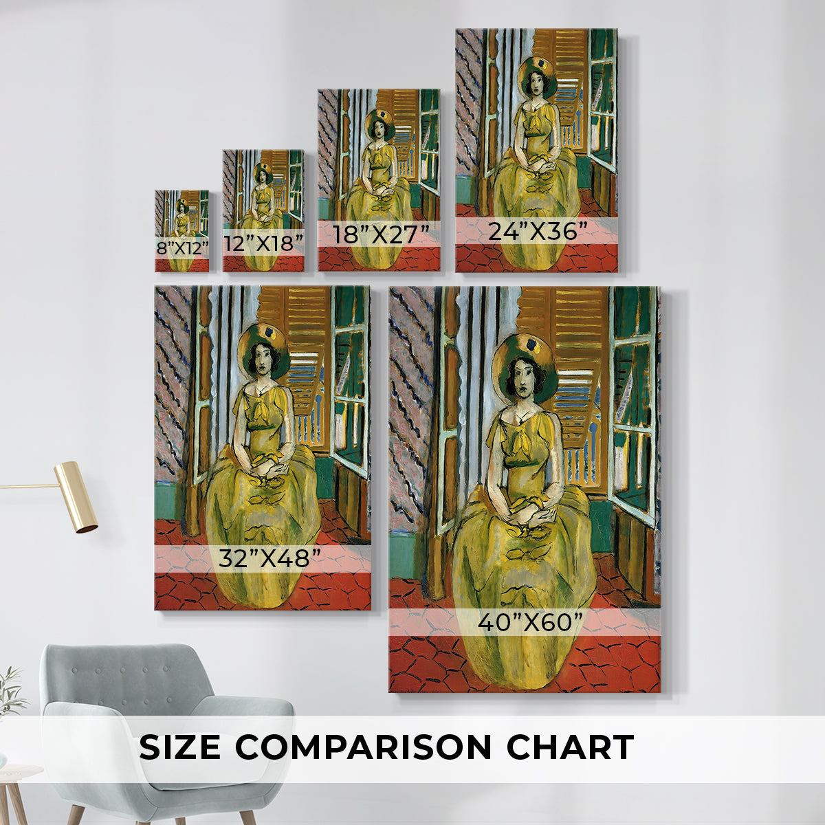 Size comparison chart for canvas art prints, showing multiple size options.