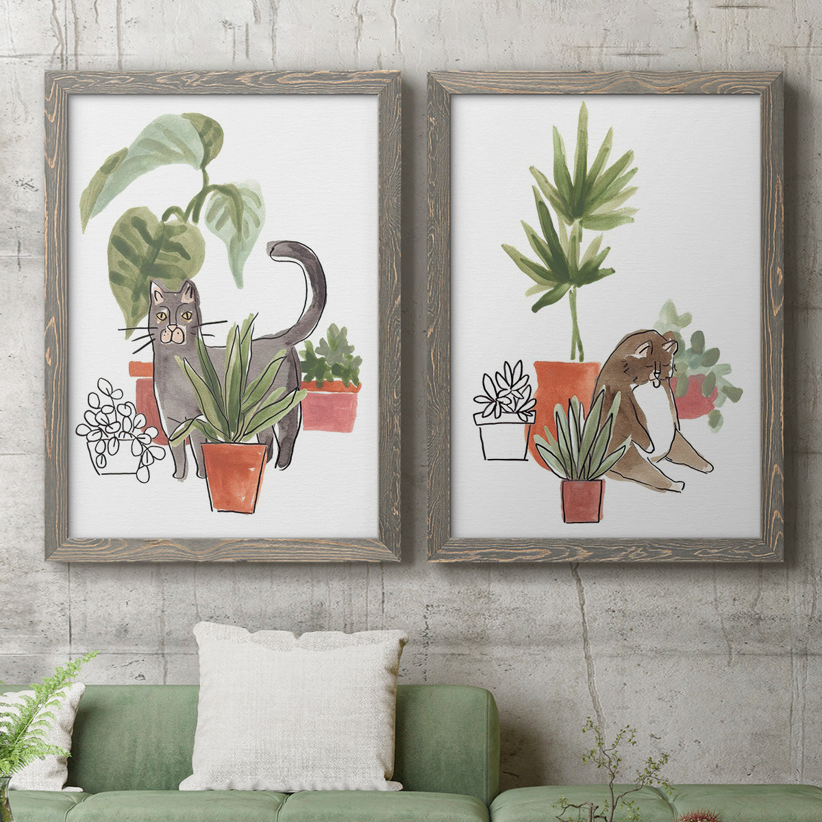 Purrfect Plants I - Premium Framed Canvas 2 Piece Set - Ready to Hang