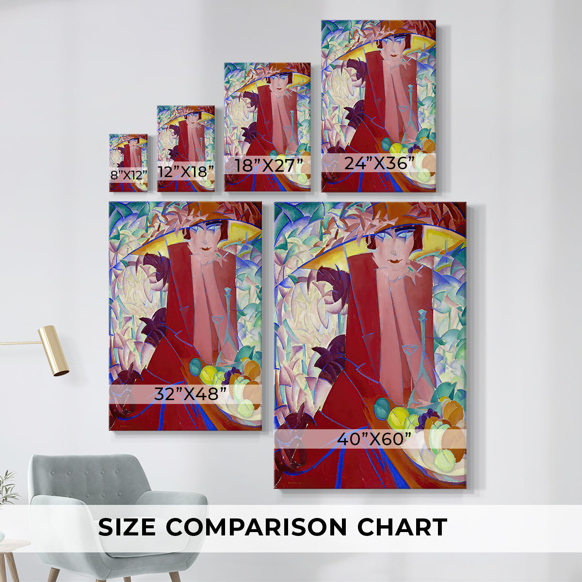 Size comparison chart for canvas art prints, showing multiple size options.