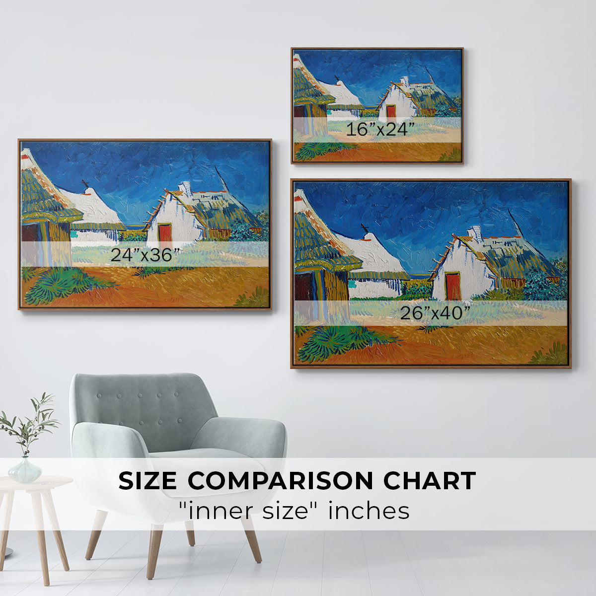 Three White Cottages at Saintes-Maries, 1888 - Floater Framed Canvas Print