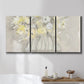 Three-panel canvas wall art featuring vintage floral abstract composition, displayed in a bathroom above a bathtub.