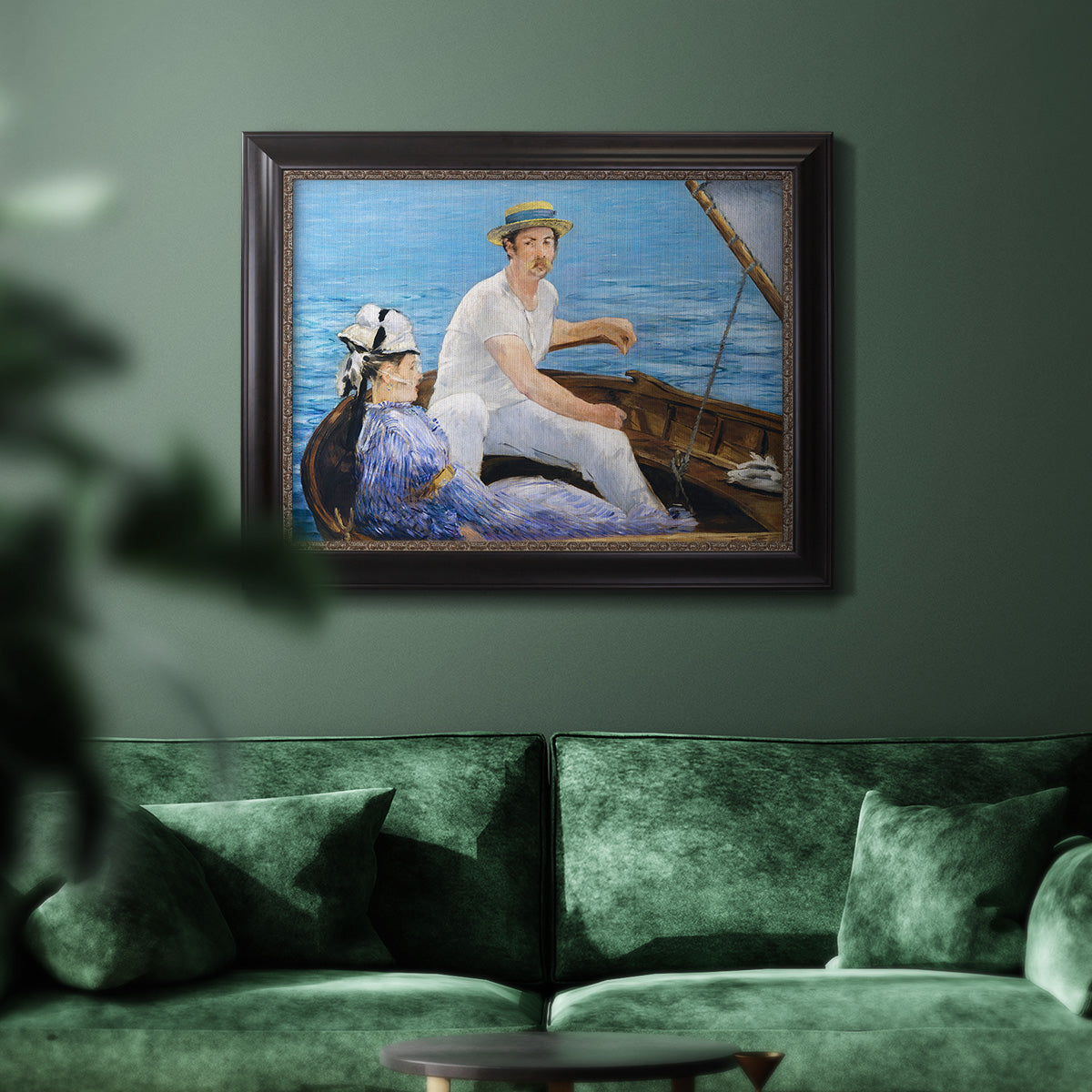 Impressionist leisure boating scene by Édouard Manet in an ornate black frame with gilded inner detail displayed in a dark-toned interior setting.