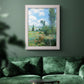 Impressionist pastoral landscape with poppy fields by Claude Monet in an ornate weathered white frame displayed in a dark-toned interior setting.