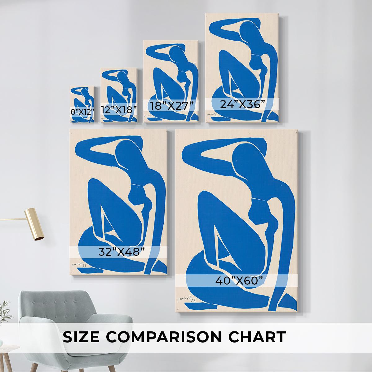 Size comparison chart for canvas art prints, showing multiple size options.