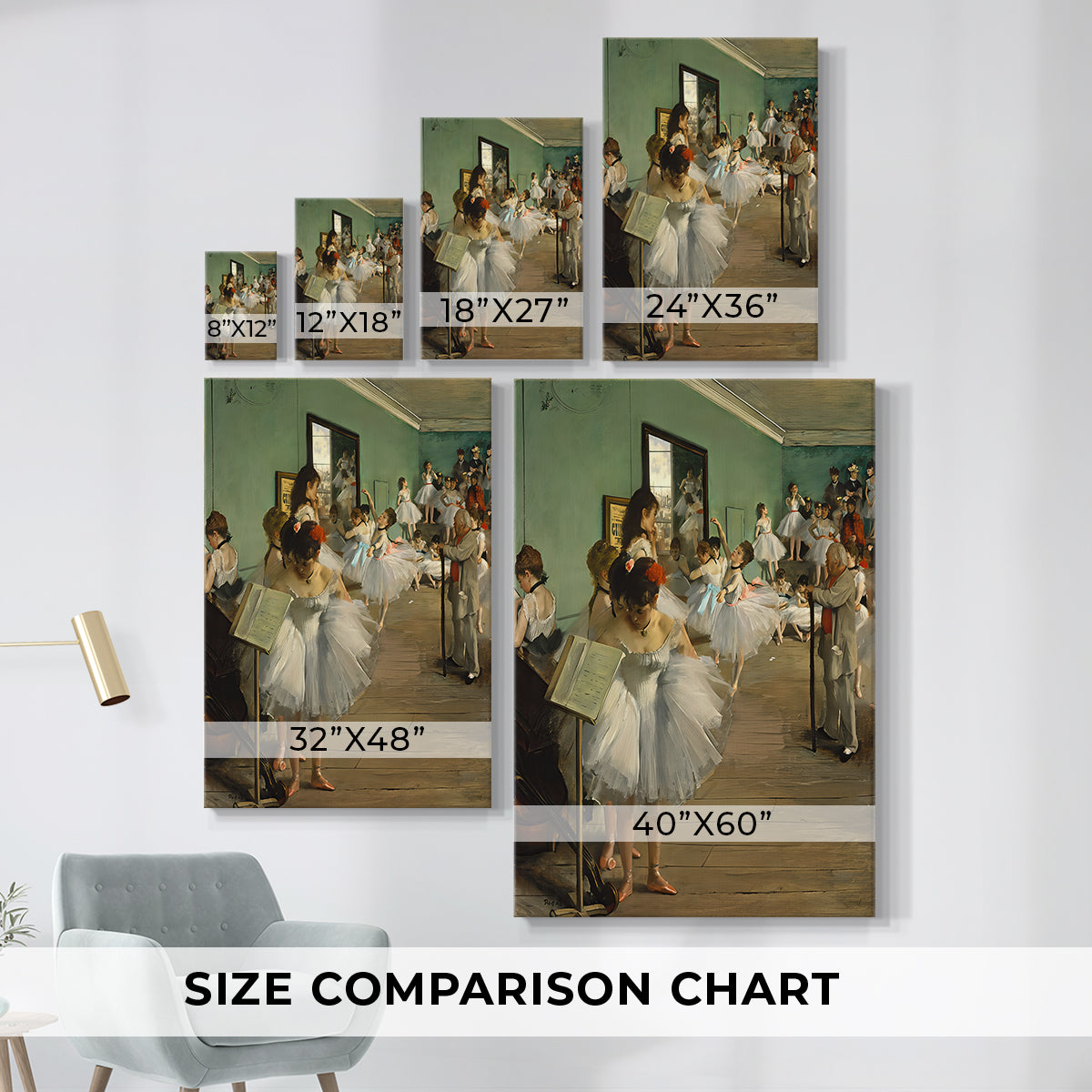 Size comparison chart for canvas art prints, showing multiple size options.