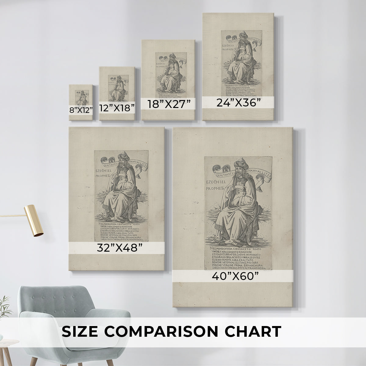 Size comparison chart for canvas art prints, showing multiple size options.