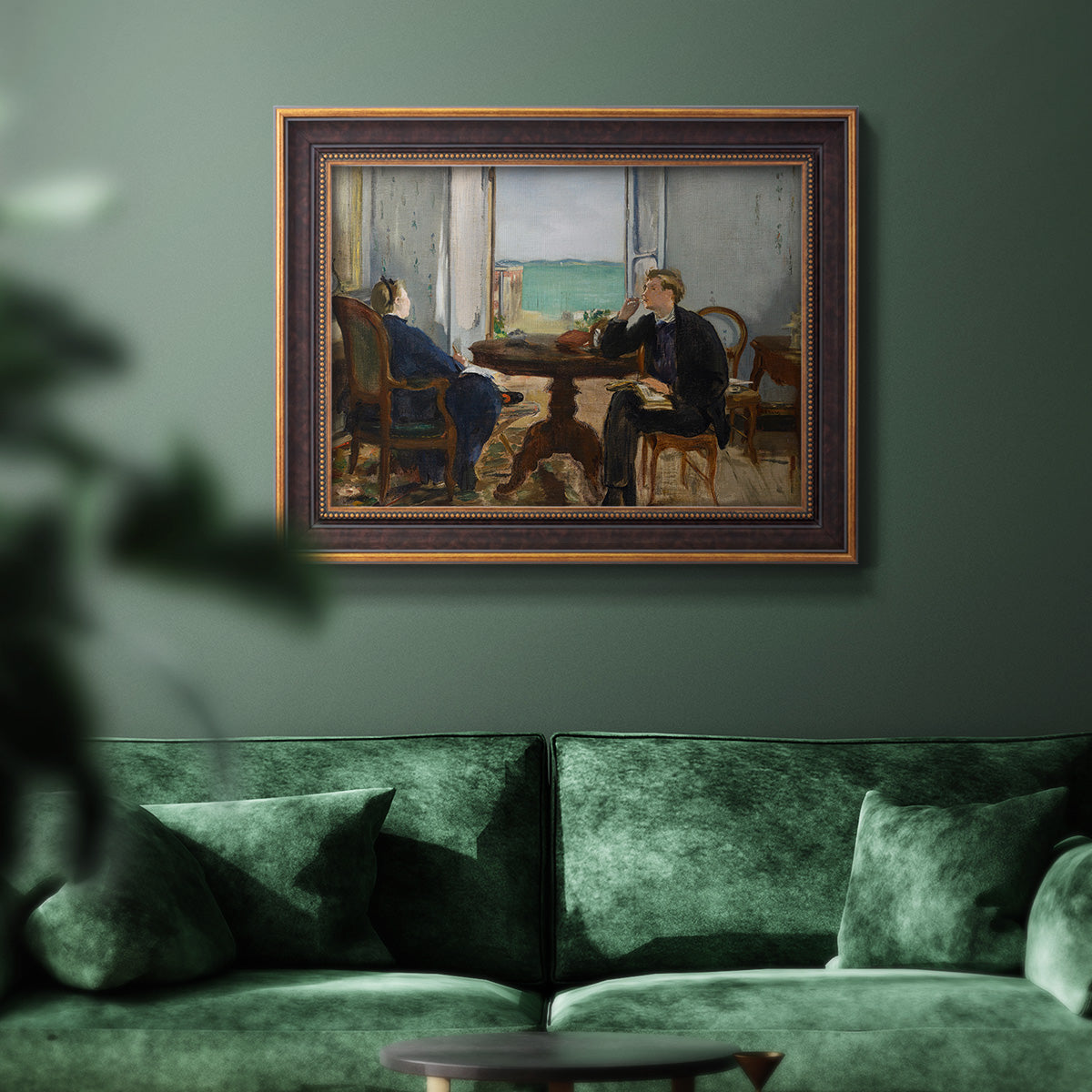 Impressionist interior scene by Édouard Manet in an ornate bronzed mahogany wood frame displayed in a dark-toned interior setting.