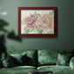 Modern peony floral drawing in an ornate cherry burl wood frame displayed in a dark-toned interior setting.