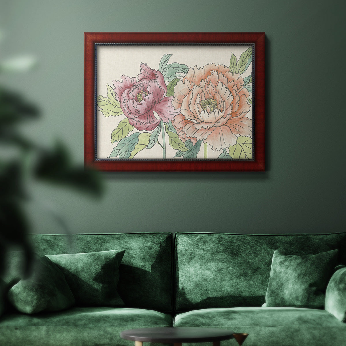 Modern peony floral drawing in an ornate cherry burl wood frame displayed in a dark-toned interior setting.