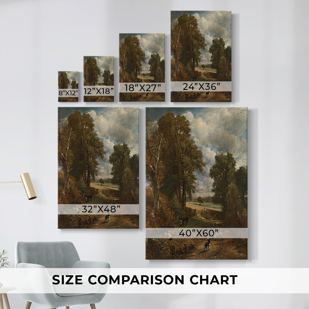 Size comparison chart for canvas art prints, showing multiple size options.