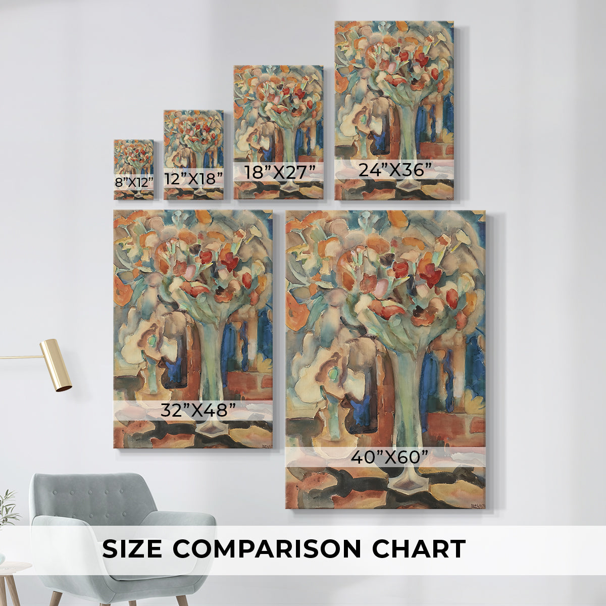 Size comparison chart for canvas art prints, showing multiple size options.