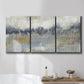 Three-panel canvas wall art featuring soft grey abstract horizon, displayed in a bathroom above a bathtub.
