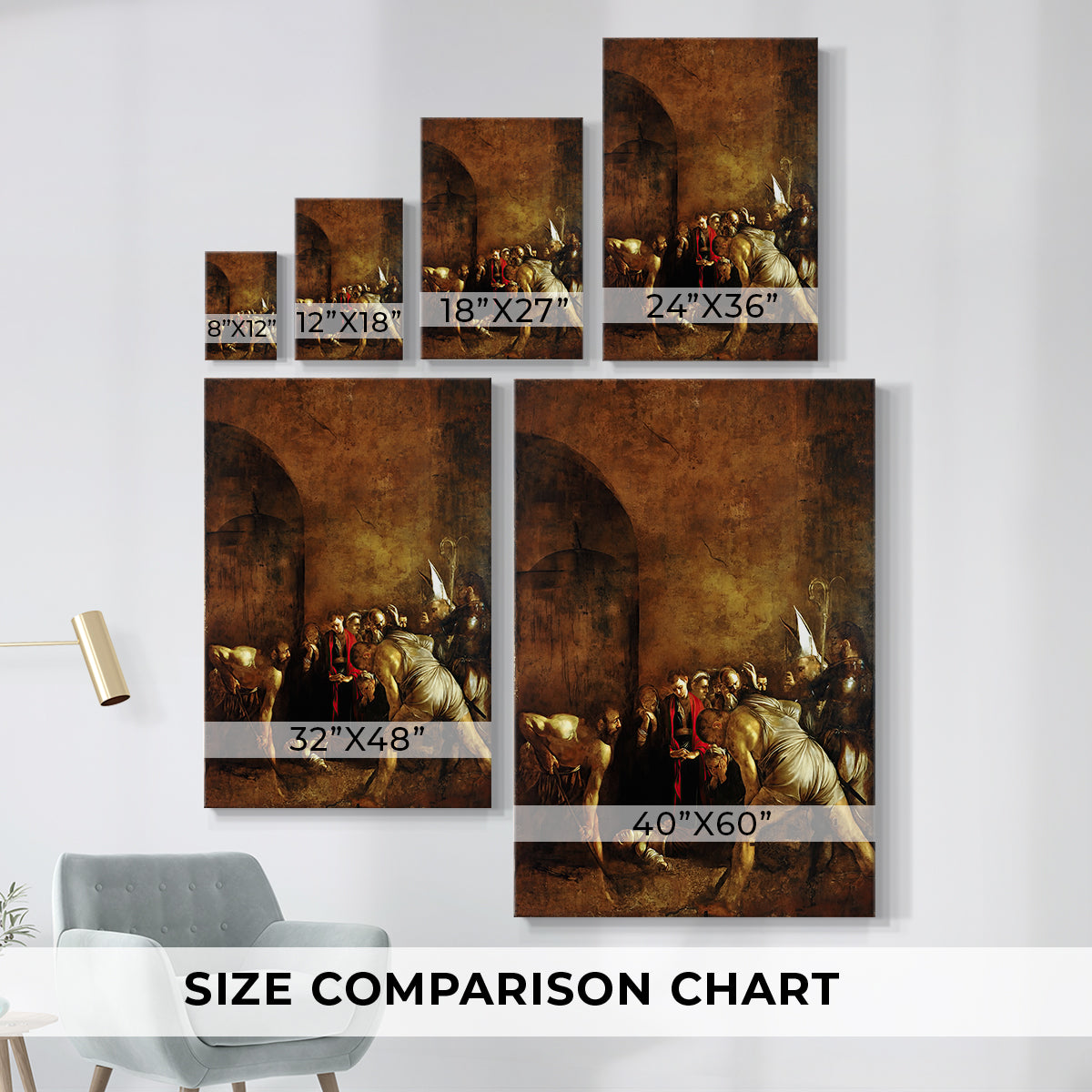 Size comparison chart for canvas art prints, showing multiple size options.
