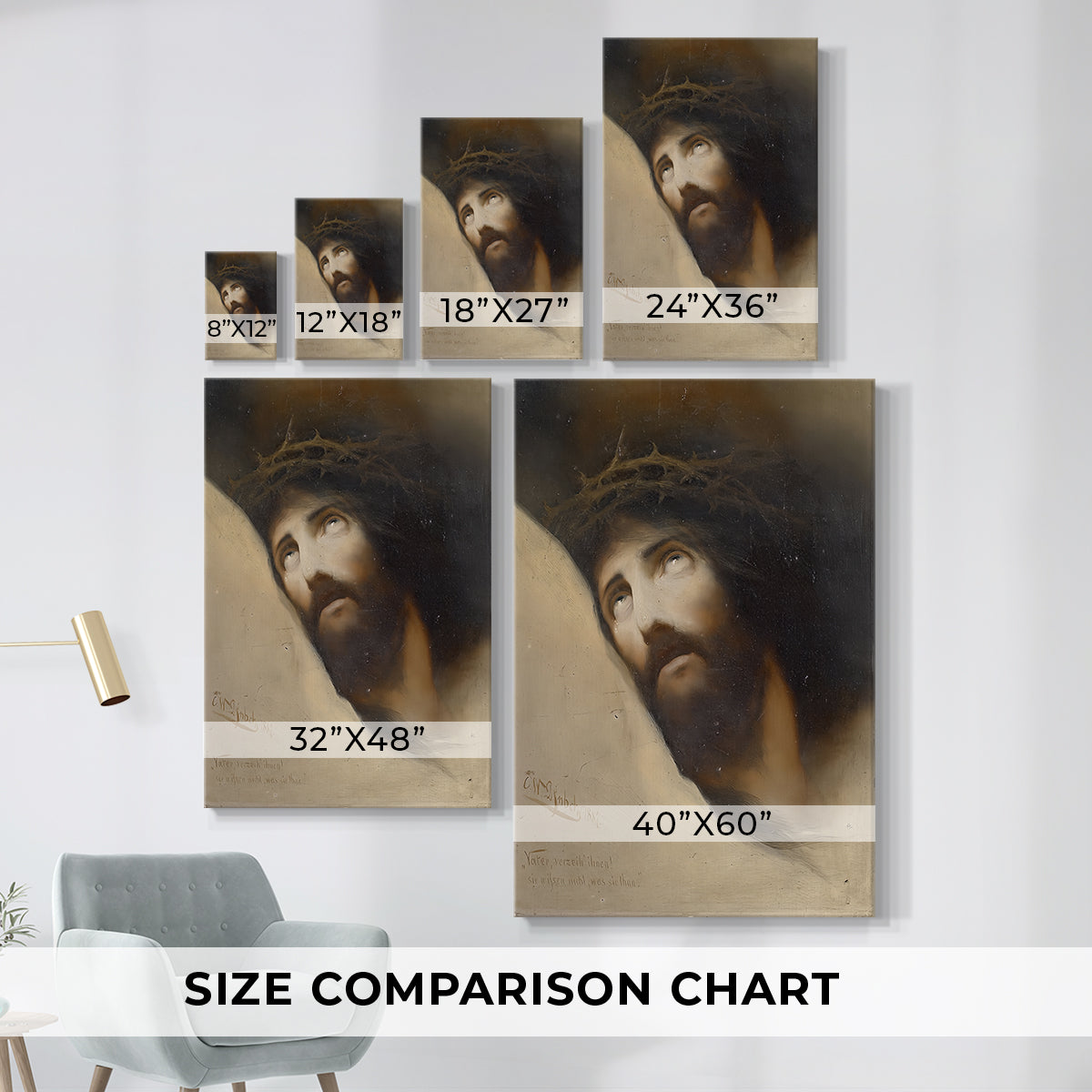 Size comparison chart for canvas art prints, showing multiple size options.