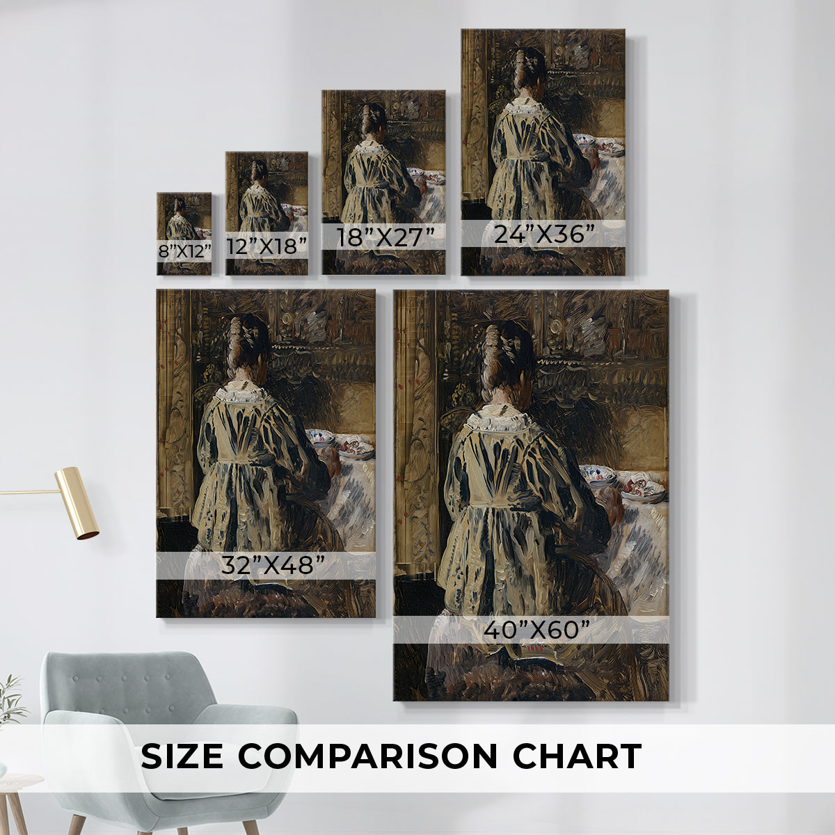 Size comparison chart for canvas art prints, showing multiple size options.