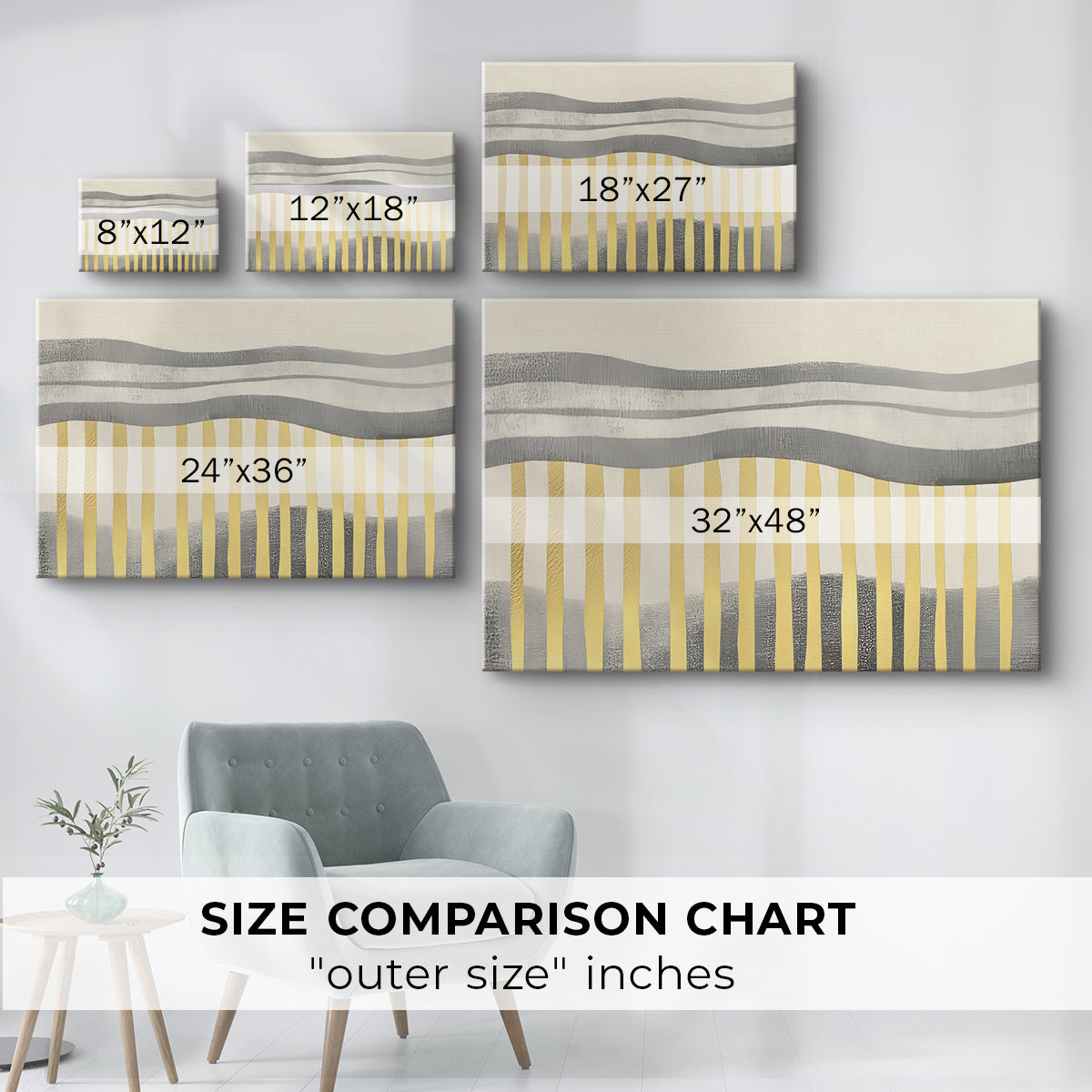 Abstract painting featuring Gray and yellow stripes and lines creating a modern art composition displayed in a minimalistic setting
