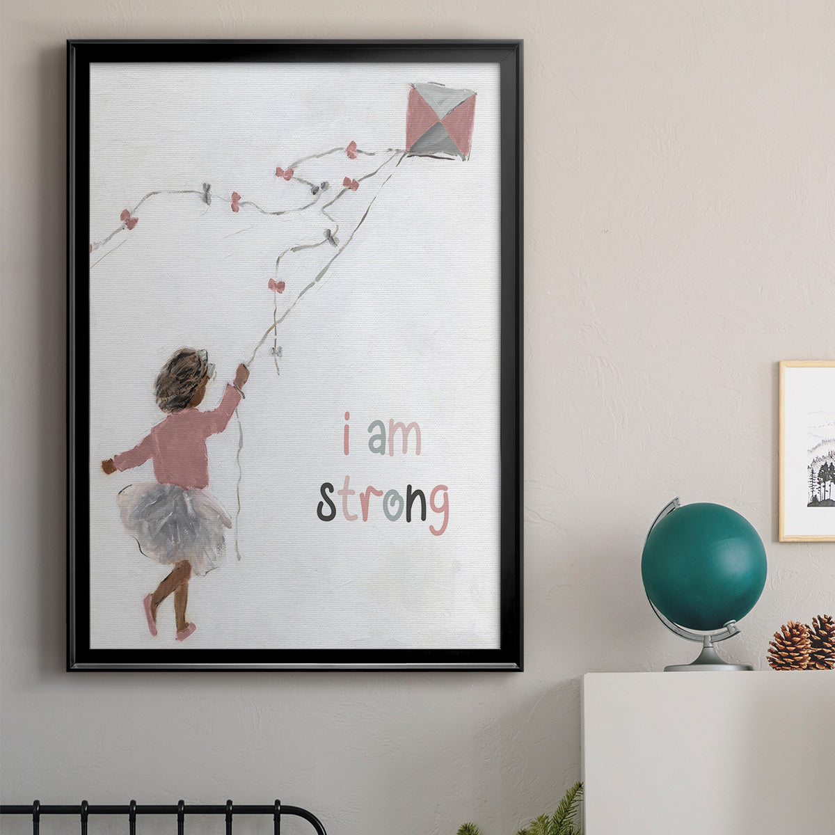 Girl Flying Kite - Modern Framed Canvas Print