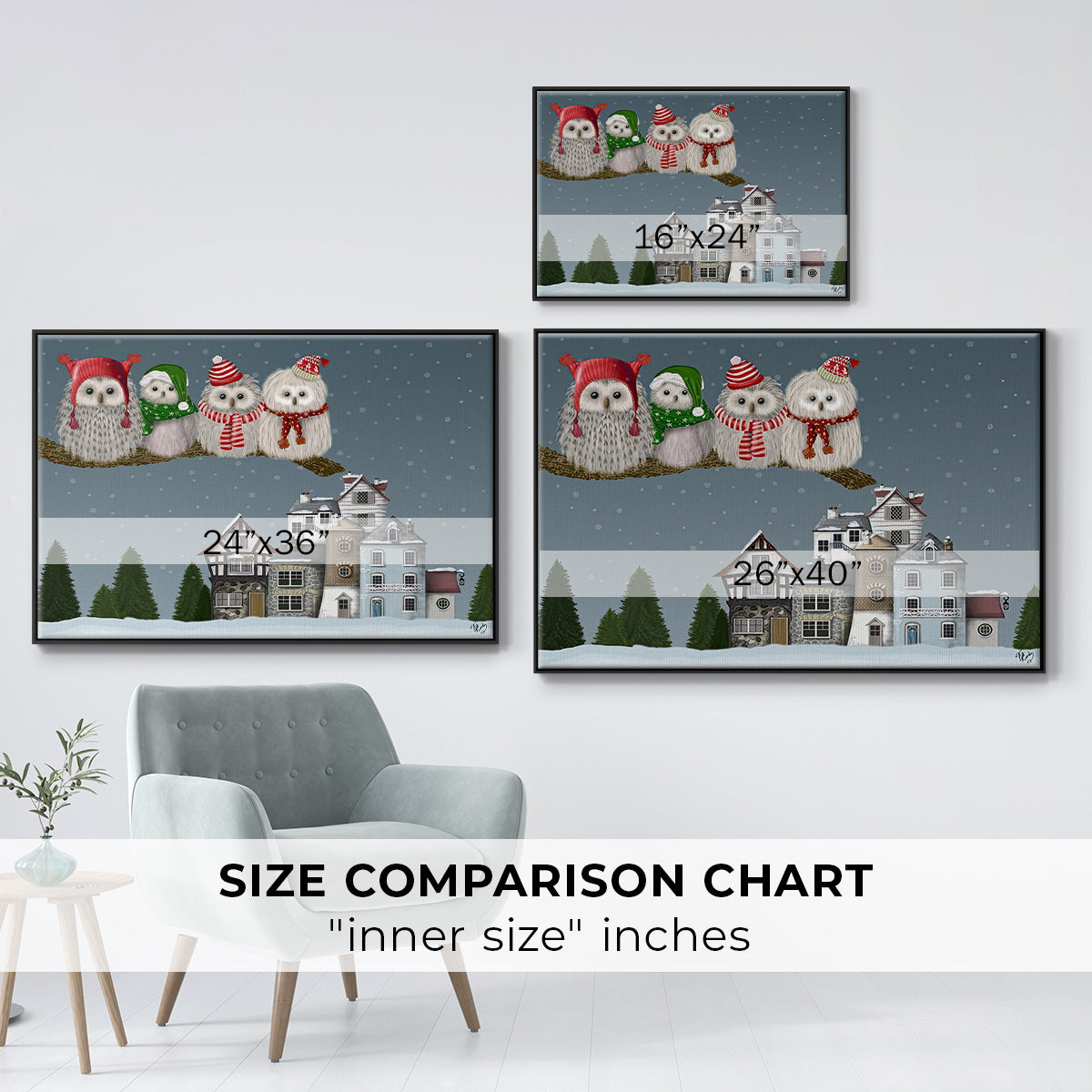 Christmas Christmas Owl Village - Framed Gallery Wrapped Canvas in Floating Frame