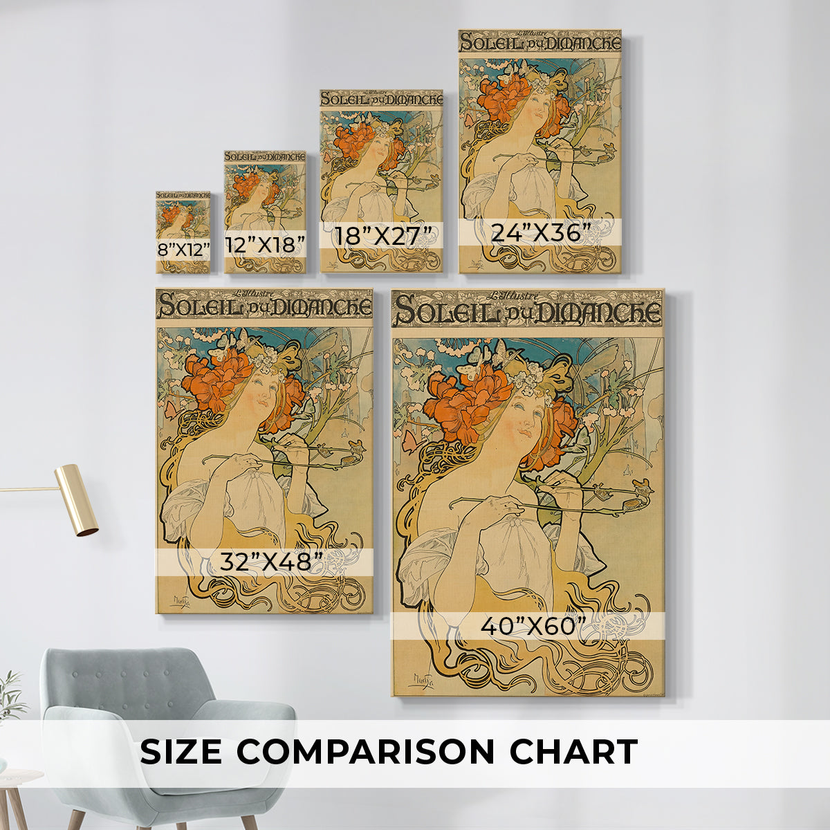 Size comparison chart for canvas art prints, showing multiple size options.