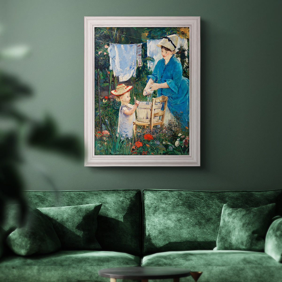 Intimate domestic genre scene by Édouard Manet in an ornate weathered white frame displayed in a dark-toned interior setting.