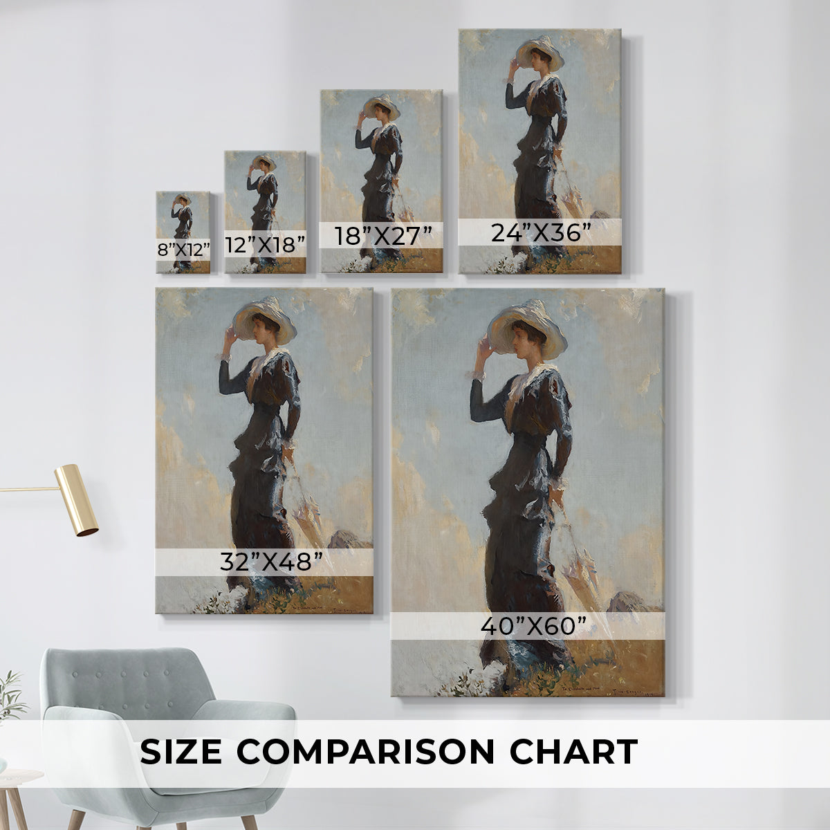 Size comparison chart for canvas art prints, showing multiple size options.