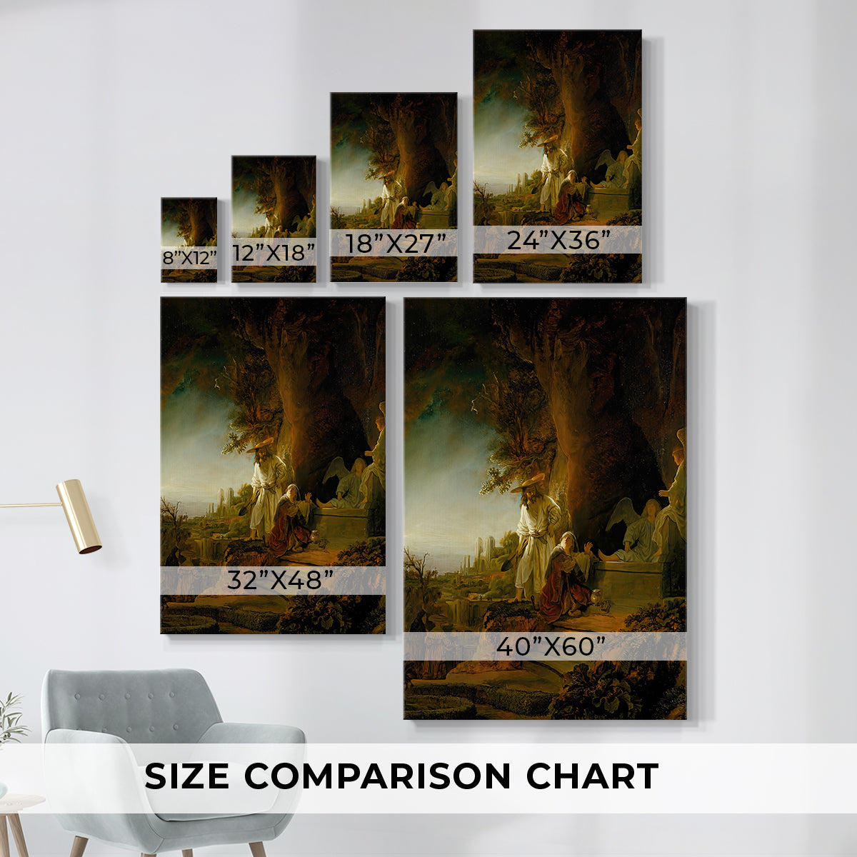 Size comparison chart for canvas art prints, showing multiple size options.